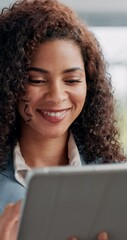 Poster - Tablet, reading and face of businesswoman in office with communication email for finance report. Smile, research and female financial advisor with digital technology for online investment proposal.
