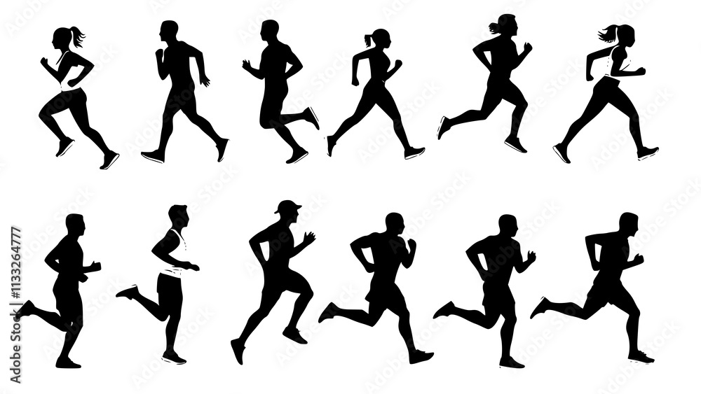 Running men and women, isolated vector silhouettes. Run, side view ...