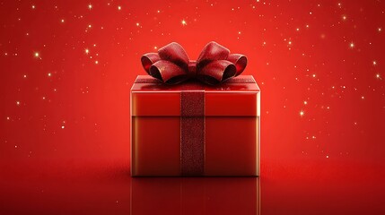 Wall Mural - 18. A rectangular gift box placed upright, wrapped in shiny red paper with a glossy bow on a red background