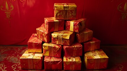 Wall Mural - 8. A pyramid of small gift boxes wrapped in contrasting red and gold paper on a red background