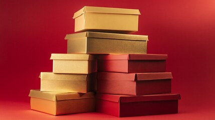 Wall Mural - 8. A pyramid of small gift boxes wrapped in contrasting red and gold paper on a red background