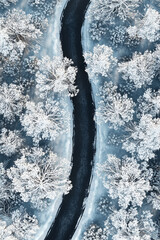 Aufkleber - Winter landscape featuring a winding river surrounded by snow-covered trees in a serene setting
