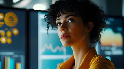 Poster - Woman in Yellow Shirt Looks at Data Screens