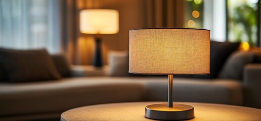 Poster - A cozy living room scene featuring a lamp on a table, creating warm ambiance.