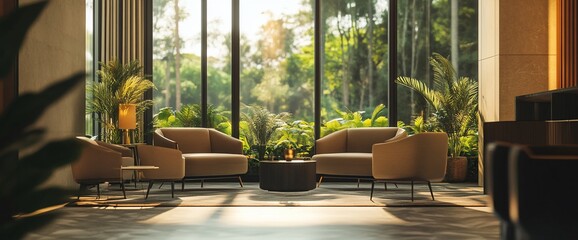 Poster - A cozy lounge area with modern furniture and lush greenery outside.