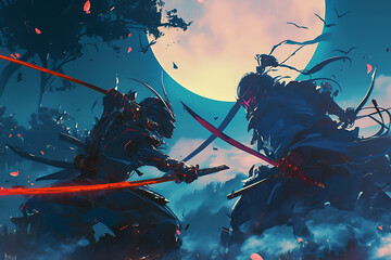 Wall Mural - Two warriors clash under a full moon, surrounded by a mystical atmosphere and falling petals.