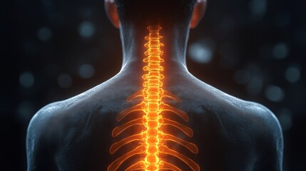 Leinwandbilder - High-resolution visualization of a man from behind showing an illuminated spine in dark surroundings