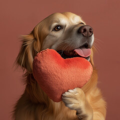 Wall Mural - A cute dog holding a red plush heart toy