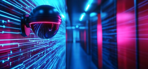 Poster - A futuristic hallway featuring a surveillance camera and digital patterns.