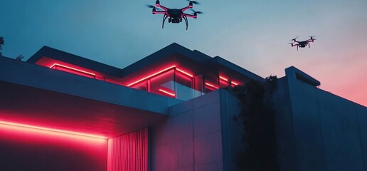 Poster - A modern house illuminated by neon lights with drones flying overhead.