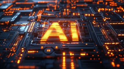 Poster - Vibrant orange lights form the letters AI on a complex circuit board, highlighting the blend of technology and creativity in a digital realm