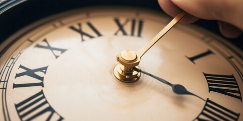 Poster - Close-up shot of a clock with Roman numerals, suitable for use in designs related to time, history or culture