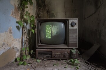 Aufkleber - Abandoned room with old television, great for nostalgic or retro themed projects