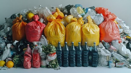 Poster - A large pile of plastic bags and bottles lying on the ground, highlighting the issue of waste and pollution