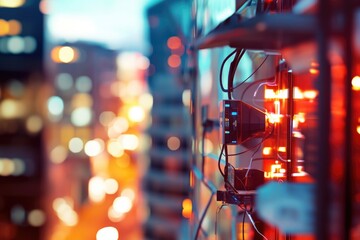 Poster - A nighttime view of a city skyline from a window, with bright lights and bustling streets