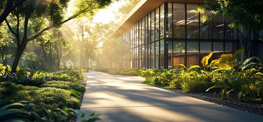 Poster - A serene pathway leads to a modern building surrounded by lush greenery.