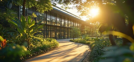 Poster - A sunlit path leads to a modern glass building surrounded by lush greenery.