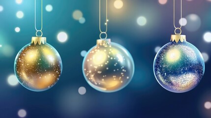 Poster - Three shiny Christmas balls hanging from a string, festive decoration idea for holiday season