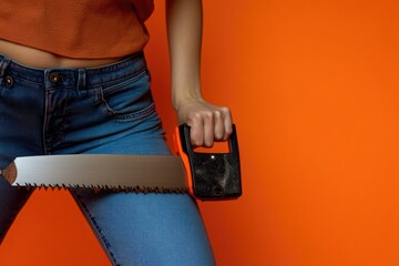 Poster - A woman is shown holding a saw in her hand, prepared for a task