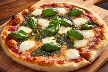 Aufkleber - Freshly made pizza with melted cheese and fragrant basil leaves on a wooden cutting board, ready to be served