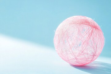 Poster - A small pink ball of yarn sits on a table, ideal for use in illustrations and designs about knitting, crafting, or creative hobbies