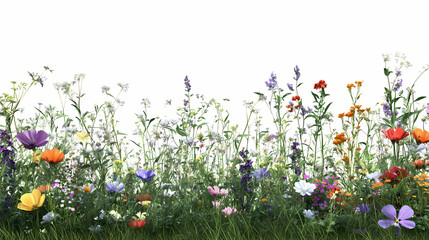 Wall Mural - Wild flowers field, grass and meadow in nature, tropical forest isolated on transparent background - png file, 3d rendering for create and design. Meadow. Illustration