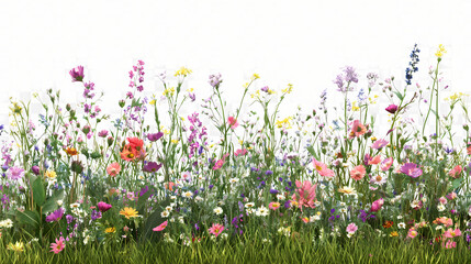 Wall Mural - Wild flowers field, grass and meadow in nature, tropical forest isolated on transparent background - png file, 3d rendering for create and design. Meadow. Illustration