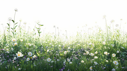 Wall Mural - Wild grass field, flowers and meadow in nature, tropical forest isolated on transparent background - png file, 3d rendering for create and design. Meadow. Illustration