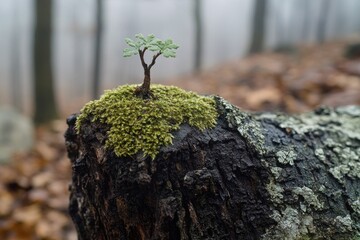 Wall Mural - A small tree grows out of a decaying tree stump in a natural setting