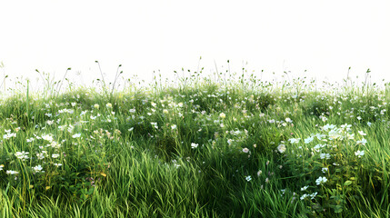 Wall Mural - Wild grass field, flowers and meadow in nature, tropical forest isolated on transparent background - png file, 3d rendering for create and design. Meadow. Illustration