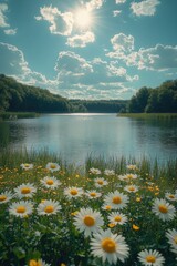 Poster - A beautiful field of colorful flowers near a calm body of water