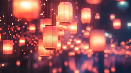 Poster - Enchanting Nightscape with Glowing Lanterns Hanging from Above, Creating a Dreamy Ambiance Full of Soft Lights and Warm Colors for a Magical Evening Experience