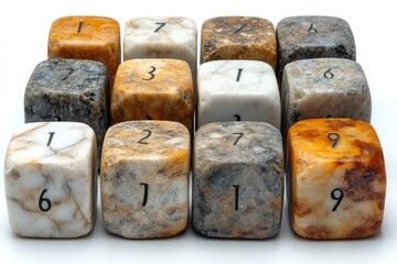 Poster - A set of marble dice with numbers on each side, perfect for use in board games or as decorative items
