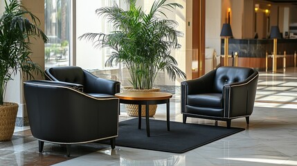 Poster - Cozy seating area with chairs and a table surrounded by plants.