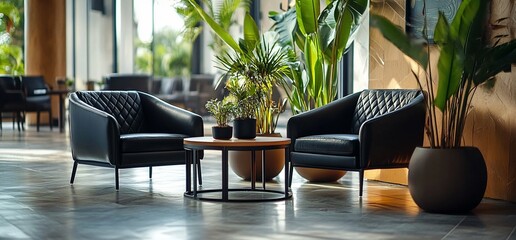 Poster - Cozy lounge area with stylish chairs and greenery for relaxation.
