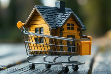 Poster - A small scale model of a house placed inside a shopping cart on a table