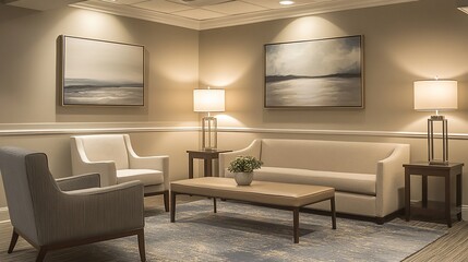 Poster - Cozy waiting area with comfortable seating and soft lighting.