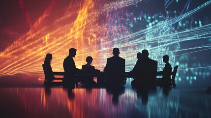 Poster - Silhouetted Business Team Meeting Before Digital Data Stream