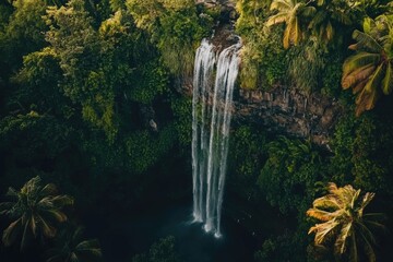 Poster - A serene waterfall surrounded by dense foliage, ideal for nature and landscape use