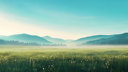 Wall Mural - panoramic view of a foggy green meadow with mountains in the background, a blue sky, the sunny morni