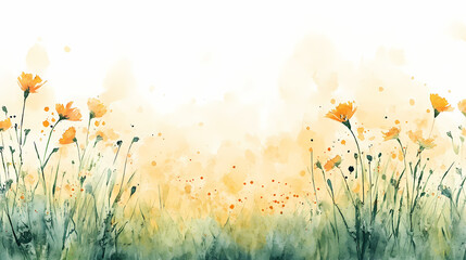 Wall Mural - Pastel fantasy background with image of summer field, ink splashed watercolor abstract yellow green meadow. Meadow. Illustration