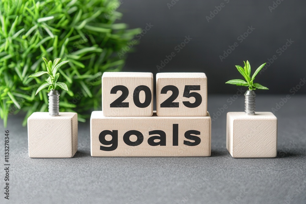 Wooden blocks display the year 2025 and the word goals, surrounded by small plants. The setting emphasizes growth and ambition, suggesting a bright future ahead.