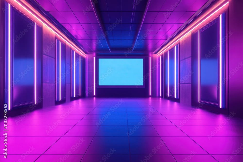 A sleek corridor showcases illuminated walls with vibrant purple and blue neon lights. The futuristic space features a large blank screen at the far end, creating an immersive atmosphere.