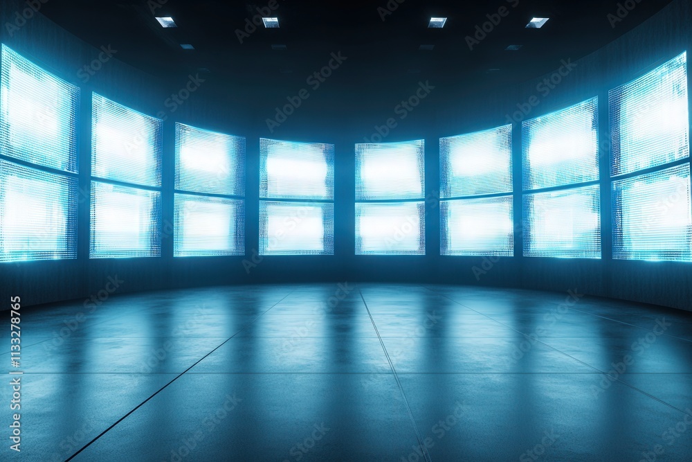 A futuristic room contains numerous large screens emitting bright blue light, creating a captivating ambiance. The smooth floor reflects light, enhancing the modern feel of the space.