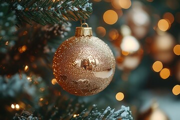 Poster - A close-up view of a decorated Christmas tree with one ornament in focus