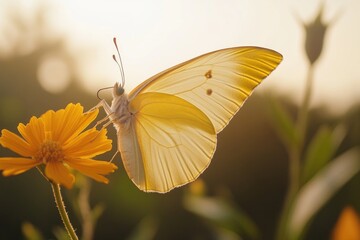 Poster - A small yellow butterfly perched on a bright yellow flower, with soft petals and delicate details