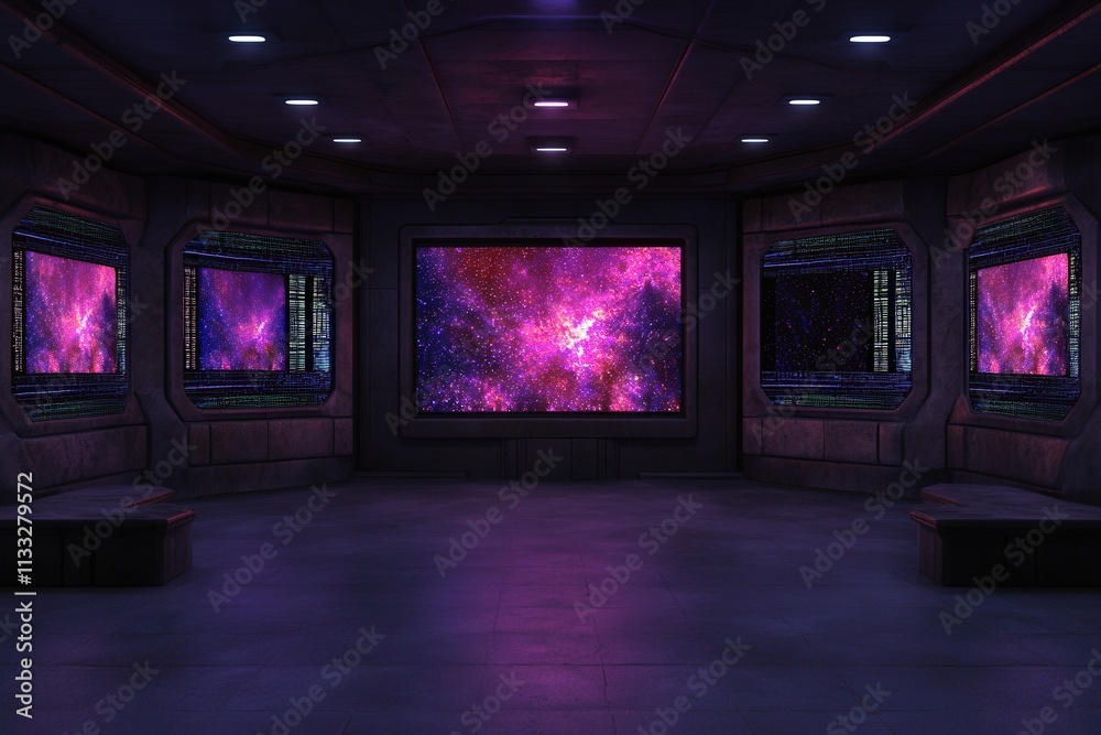 A modern observation room displays bright, colorful visuals of outer space on multiple screens. The surroundings are dark, highlighting the cosmic imagery. Soft lighting adds to the ambiance.