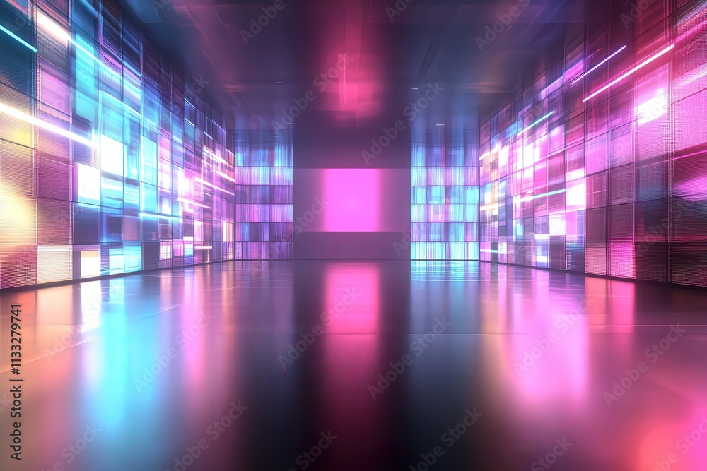 A vibrant interior showcases colorful neon lights illuminating reflective surfaces. The space appears futuristic, with glowing patterns creating an energetic atmosphere.