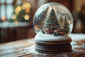 Poster - A snow globe sitting on top of a wooden table