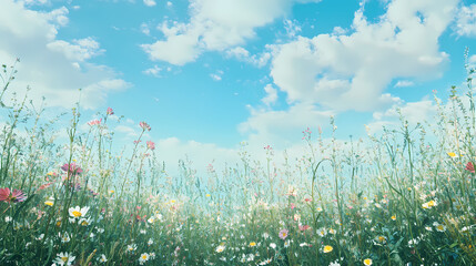Wall Mural - Spring green meadow with wild flowers, glass field with flowers in blue sky with cloud background for template and banner. Meadow. Illustration